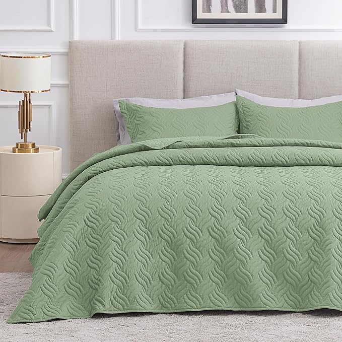Love's cabin Twin Quilt Bedding Set Sage Bedspreads - Soft Bed Summer Lightweight Bedspread Comforter - Wave Pattern Bedding Coverlet for All Season - 2 Pieces (1 Quilt, 1 Pillow Sham)