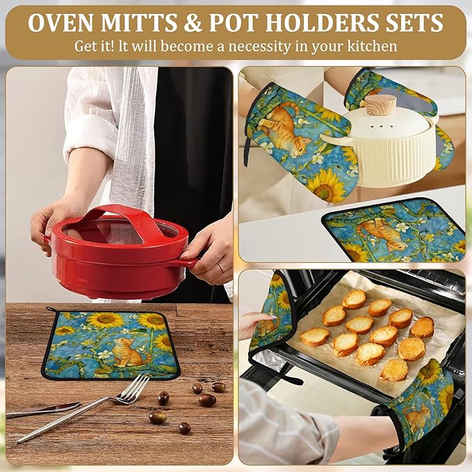 Cute Sunflower Cat Oven Mitts and Pot Holders Sets 4Pcs Animal Floral Silicone Kitchen Gloves Heat Resistant Potholders for Baking Cooking Grilling BBQ