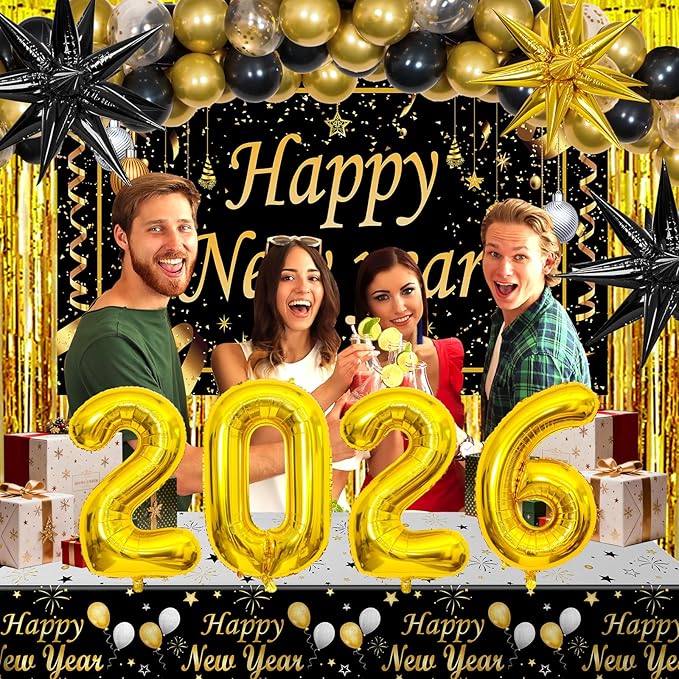 Happy New Year Decorations 2026, New Years Eve Party Supplies 2026 Black and Gold Happy New Year Banner Backdrop New Years Eve Decorations Tablecloth Foil 2026 Balloons for NYE Party Decor