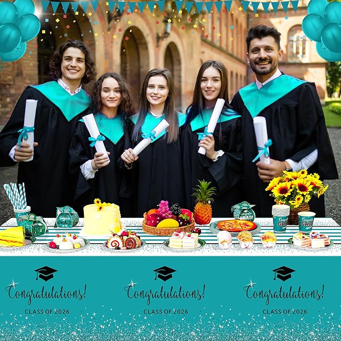 3 Pack Class of 2026 Graduation Tablecloths,Foil Dot Plastic Disposable Rectangle Table Covers for 2026 High School University College Graduation Party Decorations,108*54 Inch (Teal and Black)