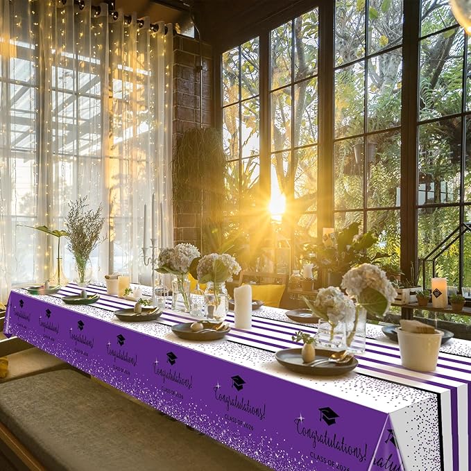 3 Pack Class of 2026 Graduation Tablecloths,Foil Dot Plastic Disposable Rectangle Table Covers for 2026 High School University College Graduation Party Decorations,108*54 Inch (Purple and Black)