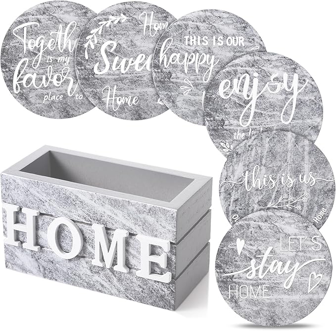 Queekay Coasters Set of 6 House Warming Gifts New Home Wooden Farmhouse Drink Coasters with Holder 4'' Funny Decoration for Kitchen Family Coffee Bar Tabletop Protection(Gray Marble)