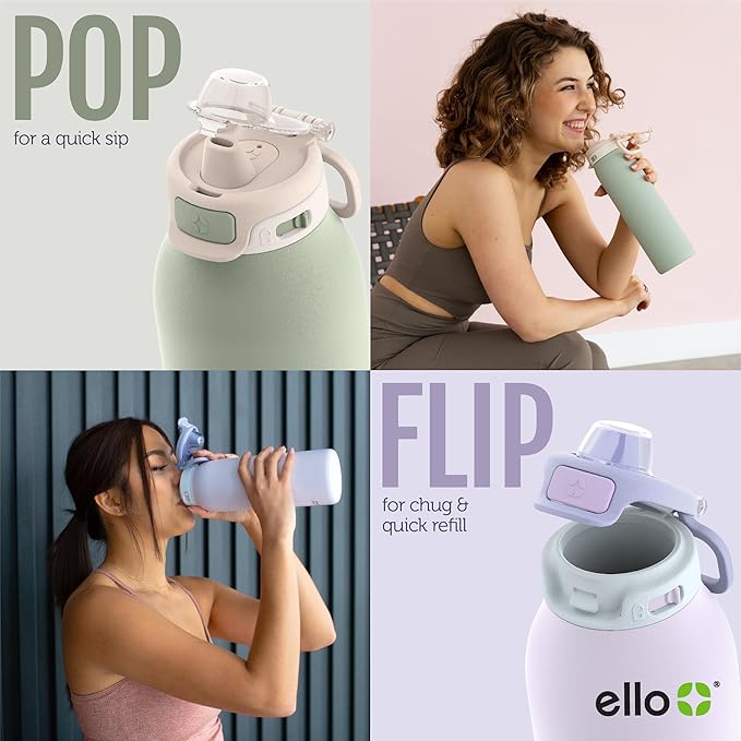 Ello Pop & Fill 22oz Stainless Steel Water Bottle with Quick Fill Technology, Double Walled and Vacuum Insulated Metal, Leak Proof Locking Lid, Sip and Chug, Reusable, BPA Free, Aurora