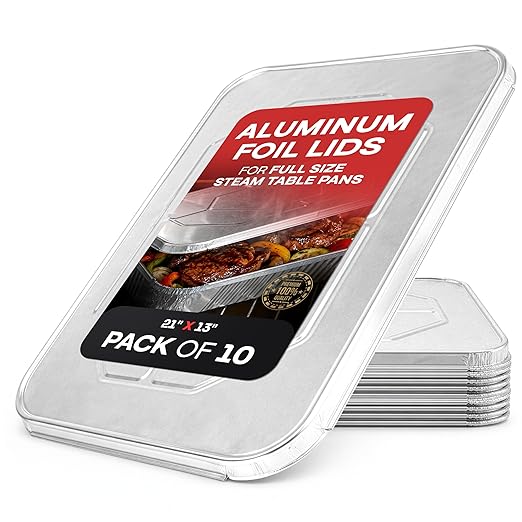 IDL Packaging Aluminum Foil Lids for Full Size Aluminum Steam Table Pans - 21" x 13" (pack of 10) - Disposable Cover for Aluminum Grill Pans - Oven & Freezer Safe - Durable Top for Aluminum Foil Pan