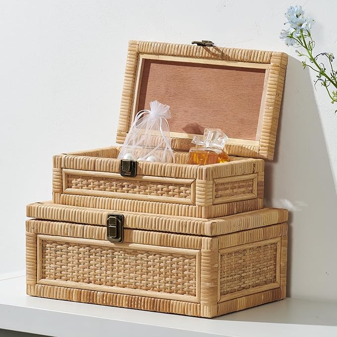 Rattan Box with Lid Decorative Natural Handmade Boho Rattan Baskets Woven Wicker Cane Bins Keepsake Memory Jewelry Boxes Rectangular Desk Shelf Closet Organizer Container (Large Size)