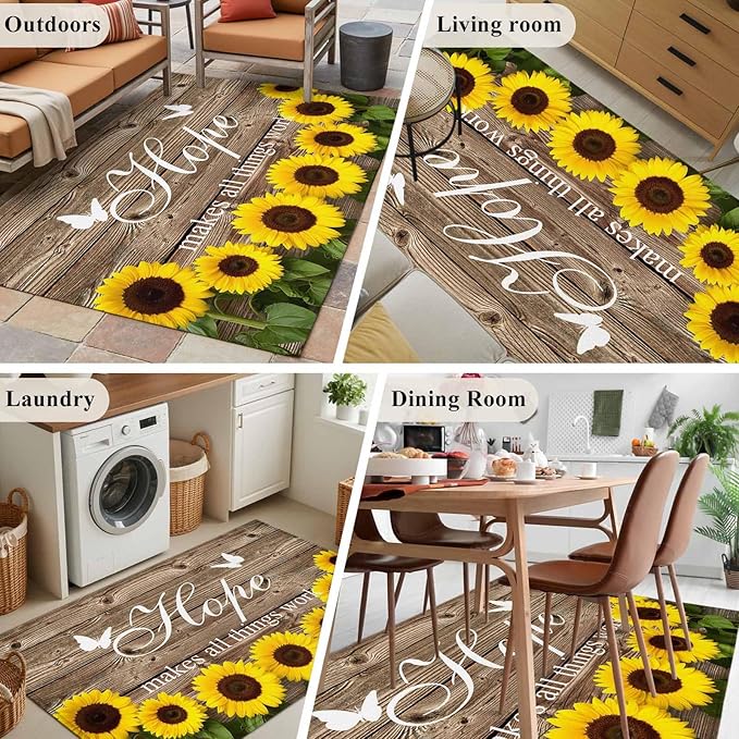 Area Rug 4x6ft, Farm Sunflower Positive Energy Quote Washable Rugs for Living Room Bedroom, Retro Dark Brown Wood Grain Soft Non-Slip Area Rugs Rectangle Floor Carpet for Dining Room