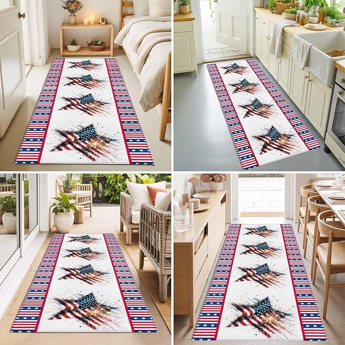 Runner Rug for Bedroom Hallway, 4th of July Stars Stripes Abstract Flag Kitchen Runner Rugs Area Rug 2x6ft, Patriotic Theme Washable Soft Floor Carpet for Entryway Stair