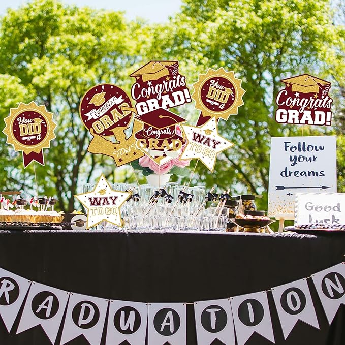 2026 Graduation Party Decorations - 24 Pcs Class of 2026 Congrats Grad Table Centerpieces Graduation Table Decorations Sticks Table Toppers for Graduation Party (Maroon Gold)