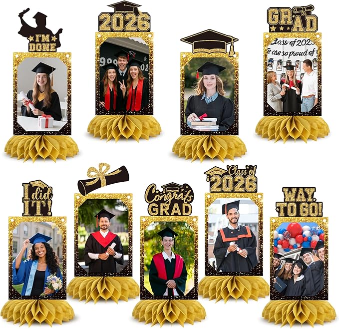 9 PCS Graduation Party Decorations Class of 2026 Honeycomb Centerpieces, Honeycomb Centerpieces for Graduation Photo Toppers Table Decorations. (Grad.Gold)