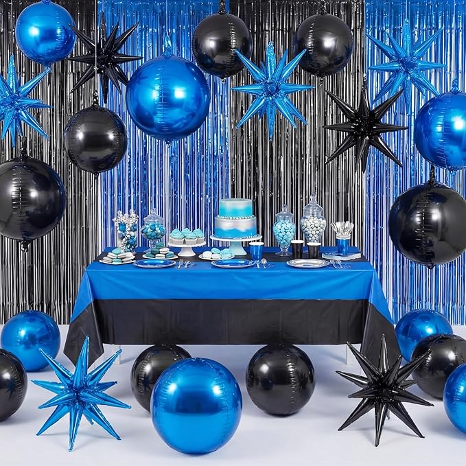 Seenelling 25 Pcs Blue and Black Graduation Party Decorations 2026 Sets 22 Inch 4d Large Stars Balloons with Metallic Tinsel Foil Fringe Backdrop Curtains for Birthday Anniversary Wedding Decor
