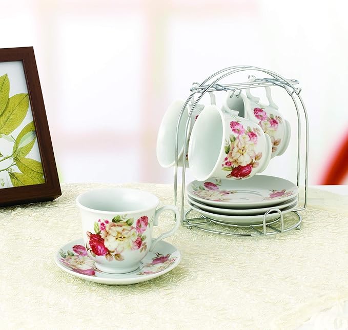8oz. Set of 4 Coffee/Tea Cups On Metal Stand-Red and Ivory Flower
