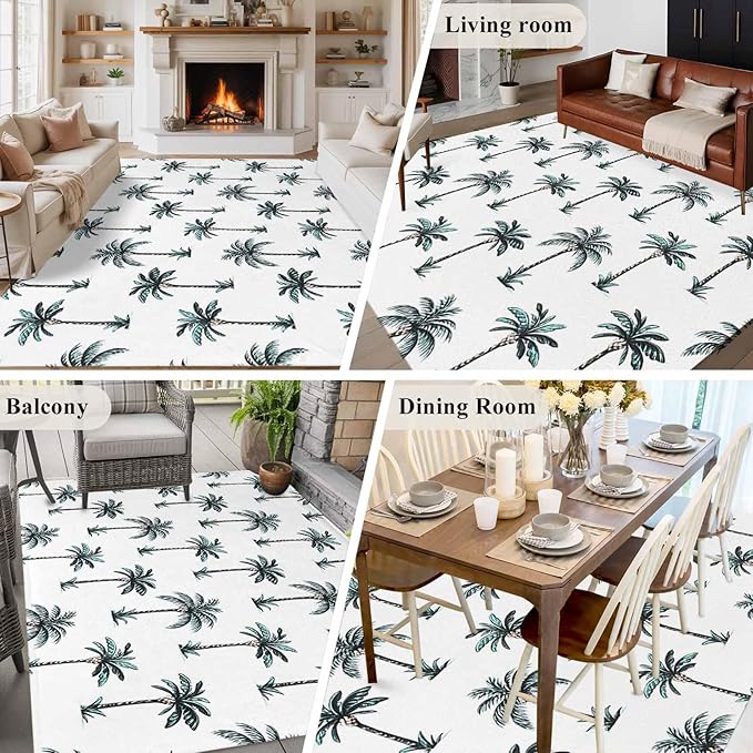 Area Rug 9x12ft, Tropical Palm Trees Washable Rugs for Living Room Bedroom Rectangle Floor Carpet, Green and White Soft Non-Slip Area Rugs for Dining Room