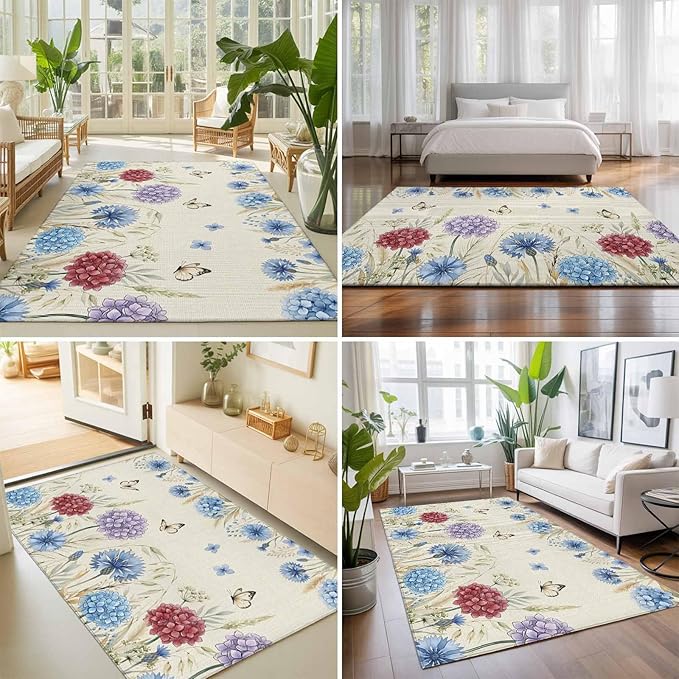 Area Rug 9x12ft, Spring Watercolor Garden Flower Washable Rugs for Living Room Bedroom Rectangle Floor Carpet, Hydrangea Floral on Burlap Soft Non-Slip Area Rugs for Dining Room
