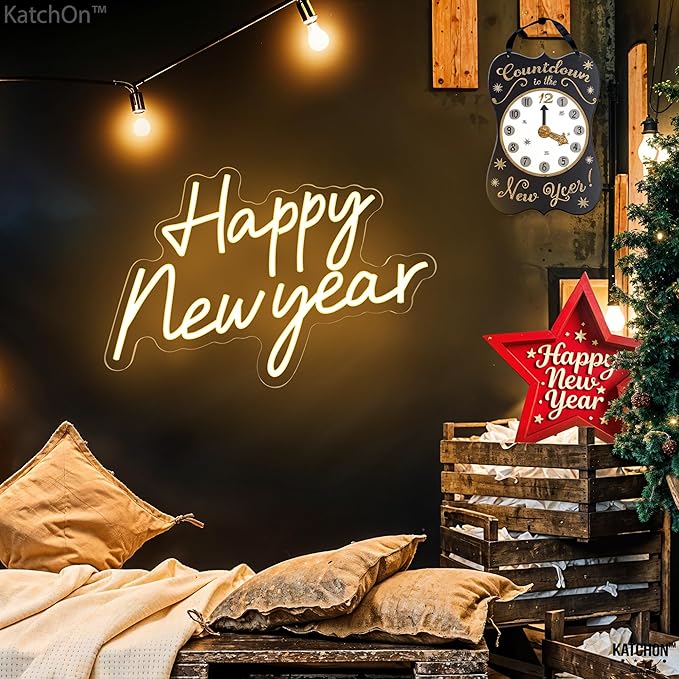 KatchOn, Happy New Year Neon Sign - 16x11 Inch | Happy New Year Led Neon Sign for New Years Decorations 2026 | NYE Lighted Sign, New Years Eve Party Supplies 2026 | New Year Light Up Sign