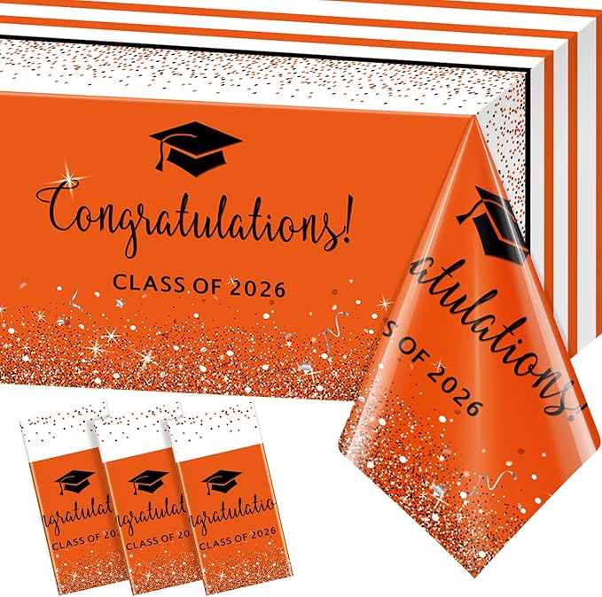 3 Pack Class of 2026 Graduation Tablecloths,Foil Dot Plastic Disposable Rectangle Table Covers for 2026 High School University College Graduation Party Decorations,108*54 Inch (Orange and Black)