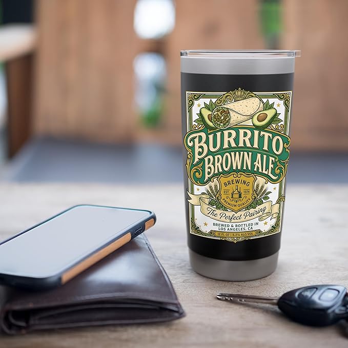 Burrito Brown Ale Mexican Food Retro Funny Beer Label Stainless Steel Insulated Tumbler