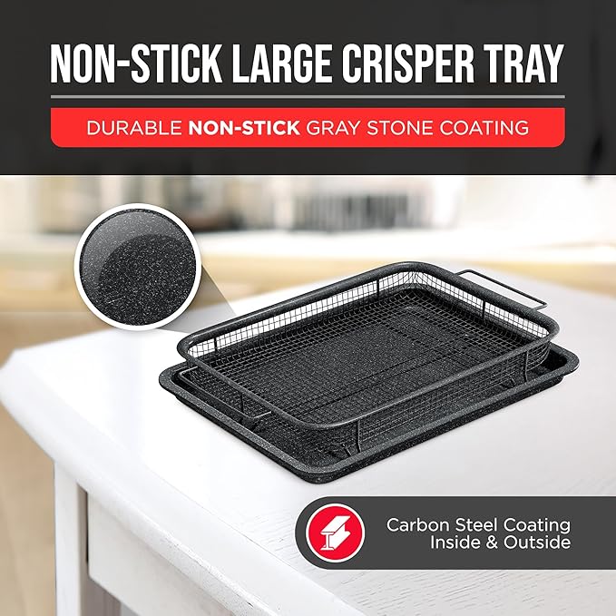 Bakken Swiss Crisper Tray - 2-Piece Set – Gray Marble Coating, Non-Stick Basket for Healthier Cooking in Regular Ovens - Perfectly Crispy Chips, Bacon & More