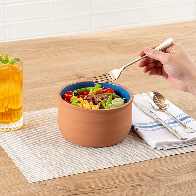 Restaurantware-Terra Tek 34 Ounce Terracotta Cazuelas, 2 Blue Glazed Clay Pots For Cooking - Oven-Ready, Microwavable, Terracotta Serving Pots, Dishwashable, For Cooking And Serving