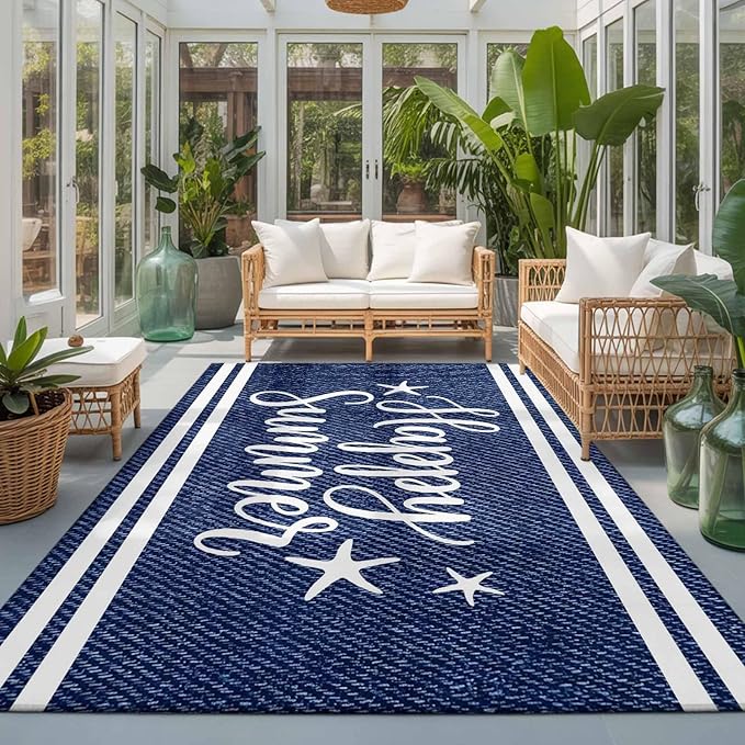 Area Rug 3x5ft, Happy Summer Quote Ocean Starfish Washable Rugs for Living Room Bedroom, Navy Blue Stripe Denim Texture Soft Non-Slip Area Rugs Rectangle Floor Carpet for Dining Room