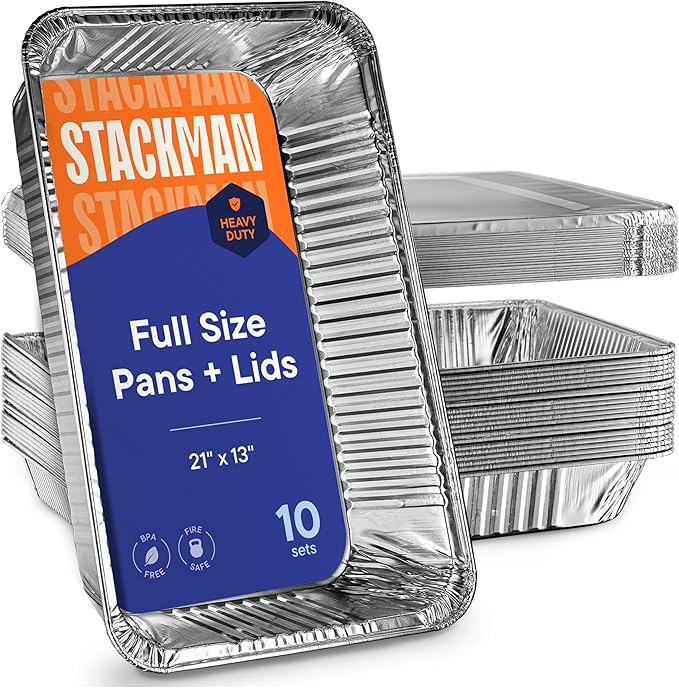 10-Pack Large Aluminum Steam Pans with Lids - 21x13, Heavy Duty for Roasting, Cooking, Warming Food,Silver