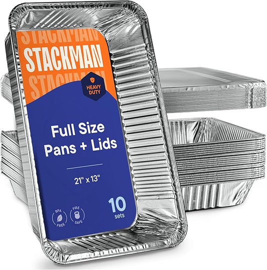 10-Pack Large Aluminum Steam Pans with Lids - 21x13, Heavy Duty for Roasting, Cooking, Warming Food,Silver