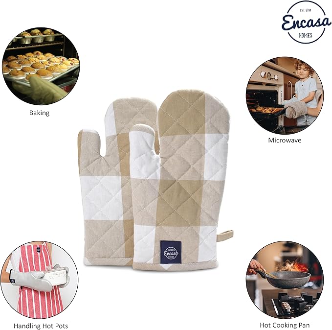 Encasa XO Long 12"x7" Oven Microwave Hand Gloves Mitts (2 pc Set) for Kitchen Cooking & Baking - Heat Resistant, Thick & Safe, Protection of Hands from Hot Utensils - Buffalo Beige Checks