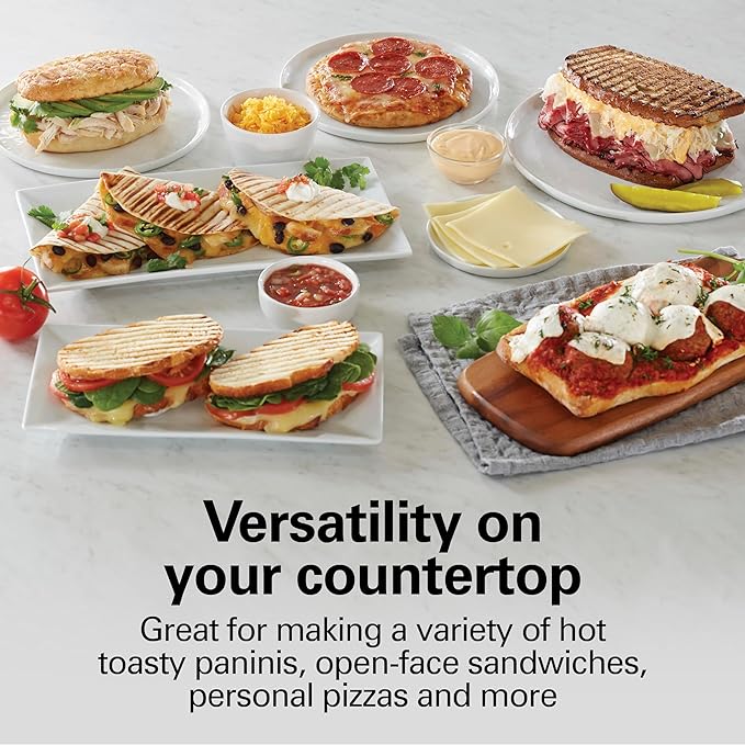 Hamilton Beach Panini Press Sandwich Maker & Electric Indoor Grill with Locking Lid, Opens Wide to Fit Any Thickness for Quesadillas, Burgers & More, Nonstick 8" x 10" Grids, Chrome (25460MNA)