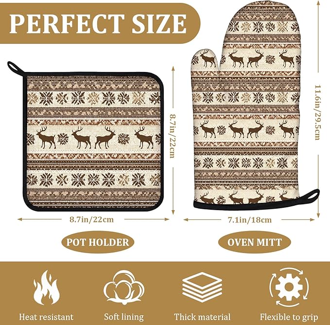 Brown Rustic Deer Oven Mitts and Pot Holders Sets 4Pcs Wild Animal Silicone Kitchen Gloves Heat Resistant Potholders for Baking Cooking Grilling BBQ