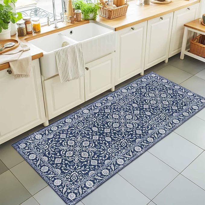 Runner Rug for Bedroom Hallway, Navy Blue Paisley Floral Texture Kitchen Runner Rugs Area Rug 2x6ft, Vintage Tribe Flower Washable Soft Floor Carpet for Entryway Stair