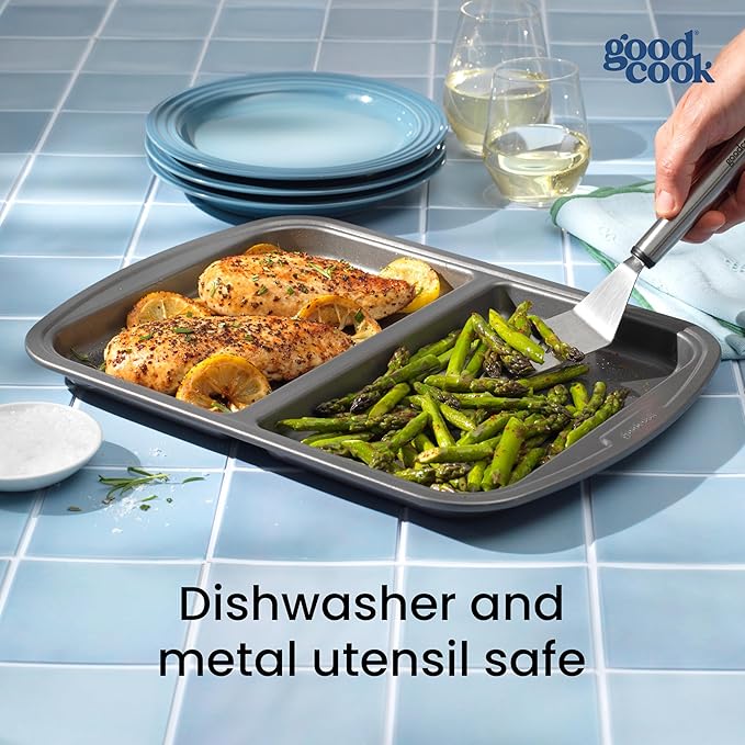 GoodCook Everyday Divided Sheet Pan 1-Inch Deep 2-Section Non-Stick Scratch-Resistant Carbon Steel Construction for Meal Prepping & Sheet Pan Dinners, 11x16-Inch, Gray
