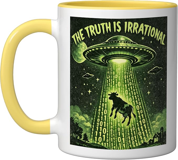 UFO The Truth Is Irrational Cow Abduction 3.14 Math Pi Day Ceramic Mug, Yellow/White