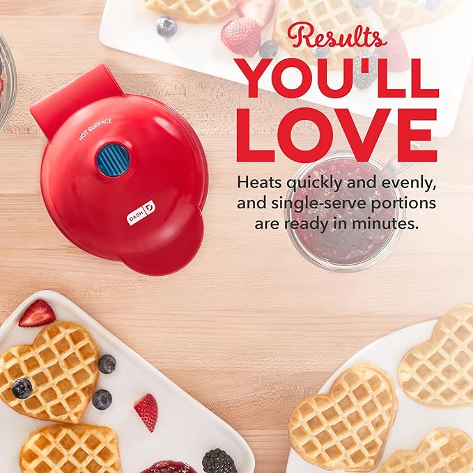 Dash Mini Waffle Maker- Mini Machine for Creative Homemade Treats - Nonstick Iron with Unique Print Design - Stylish Waffle Machine - Red Heart,(Pack of 6)