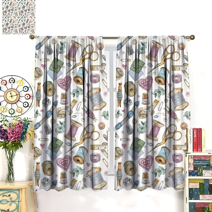 Sewing Mashine Window Curtain,Vintage Style Sewing Tool Needle Thread Watercolor Blackout Curtains for Bedroom Cafe Dining Room Office Living Room Kitchen Drapes, 84x84 in