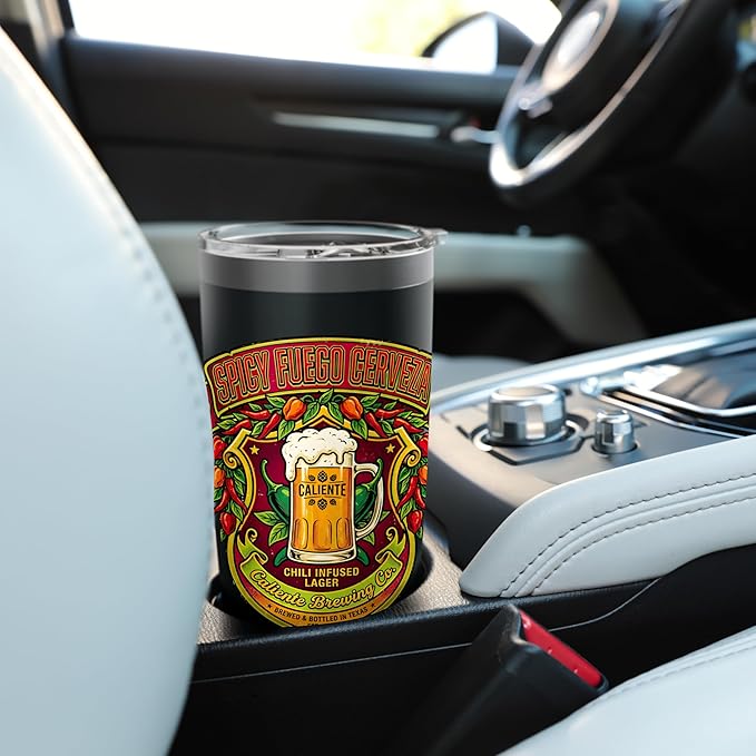 Spicy Fuego Cerveza Chili Texas Drinking Vintage Beer Label Stainless Steel Insulated Tumbler