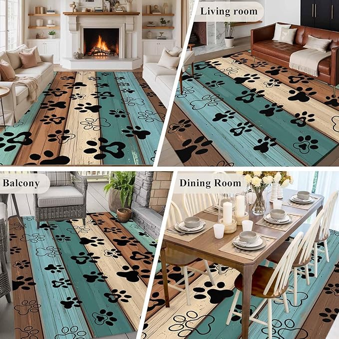 Area Rug 6x9ft, Farm Brown Wood Board Washable Rugs for Living Room Bedroom, Dog Paw Print Animal Footprint Soft Non-Slip Area Rugs Rectangle Floor Carpet for Dining Room