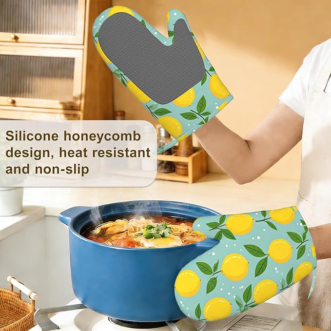 Oven Mitts and Pot Holders Yellow Lemon Silicone Kitchen Accessories Set of 4 Heat Resistant Gloves Potholder Non-Slip Grip for Chef Cooking Baking Grilling BBQ