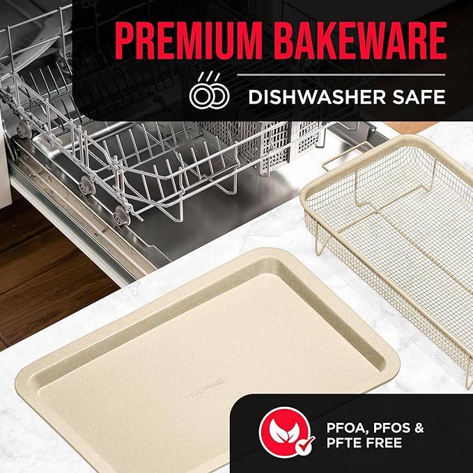 Bakken- Swiss Crisper Tray with White Marble Coating - 2-Piece Large Set – Non-Stick Basket for Healthier Cooking in Regular Ovens - Perfect for Crispy Chips, Bacon & More