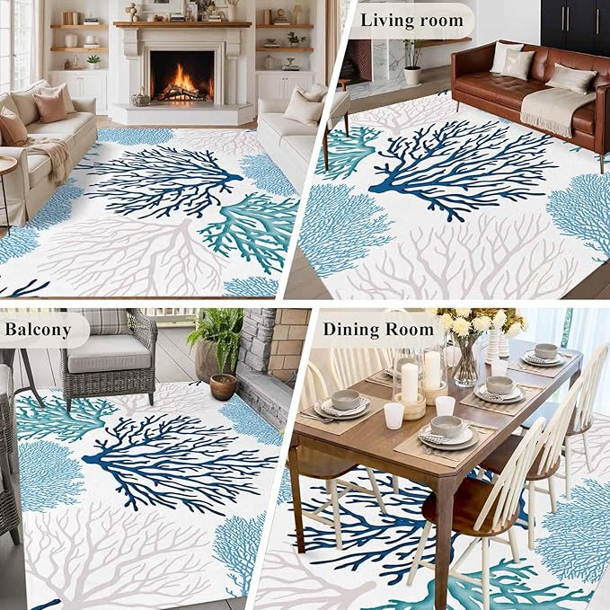 Area Rug 6x9ft, Classic Sea Blue Coral Washable Rugs for Living Room Bedroom, Abstract Marine Life Scenery Soft Non-Slip Area Rugs Rectangle Floor Carpet for Dining Room