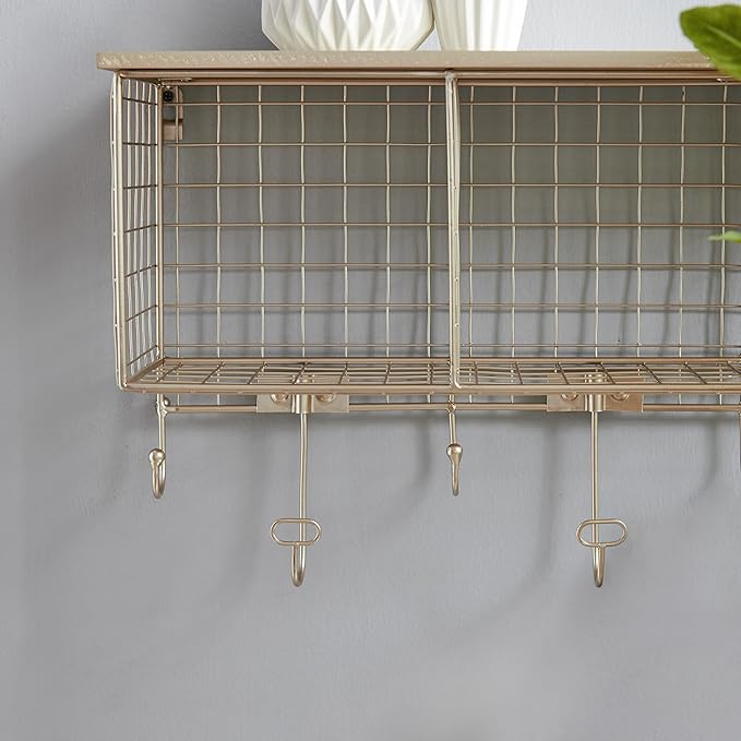 Linon Lanette Gold Metal Four Cubby Wall Shelf with Wood Shelf and Four Hooks