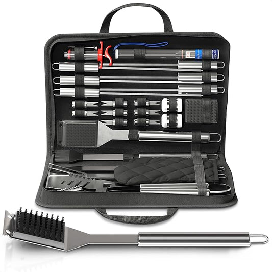 27 Pcs Grill Set for Outdoor Grill – Durable Stainless Steel Barbecue Tool Sets with Case, Thermometer & Mitt – Birthday Ideas for Men, Grill Accessories for Backyard BBQ & Cooking
