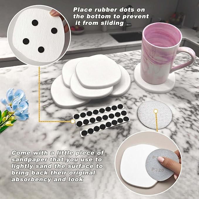 Diatomite Coasters Set of 6 | Absorbent Coasters for Drinks Cute Modern Unique Aesthetic Stone Coaster for Desks Coffee Table Instant Drying with 24 Removable Scratch Protection Pads - White