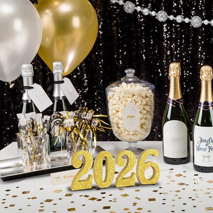 TONIFUL 4 Inch 2026 Gold Glitter Table Centerpiece Sign 2026 Number Word Sign,2026 Wooden Numbers Block for New Year Eve,Graduation,Chrismas,Anniversary Party Supplies