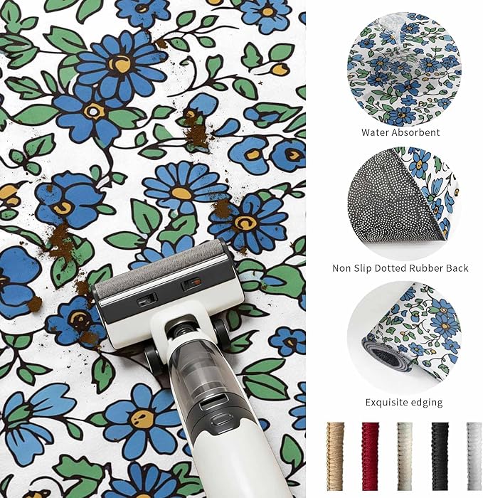 Washable Round Area Rug Blue Tiny Flowers Green Leaves Circle Rugs Floor Carpet for Living Room Bedroom, Farmhouse Botanical Soft Non Slip Round Rug 3ft