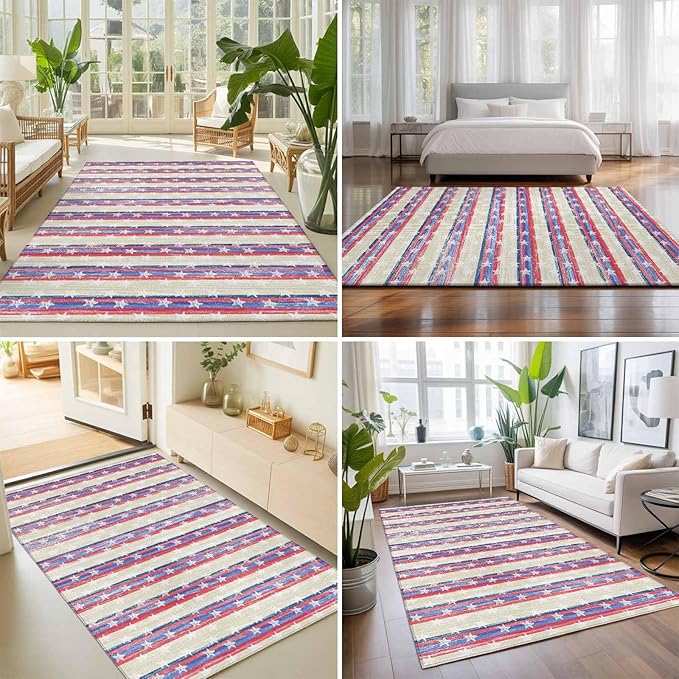 Area Rug 4x6ft, American Star Stripe Washable Rugs for Living Room Bedroom, Retro Independence Day Theme Soft Non-Slip Area Rugs Rectangle Floor Carpet for Dining Room