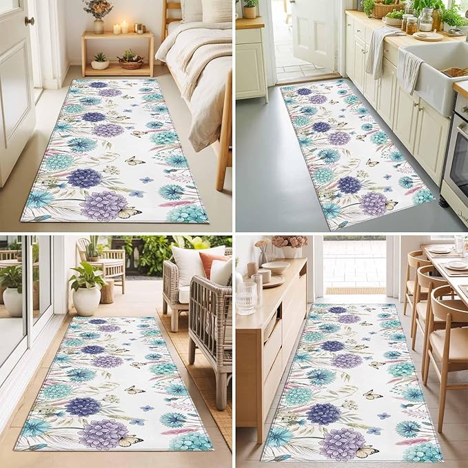 Runner Rug for Bedroom Hallway, Spring Flower Thistle Hydrangea Kitchen Runner Rugs Area Rug 2x6ft, Wild Garden Floral Butterfly Washable Soft Floor Carpet for Entryway Stair
