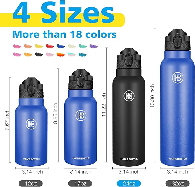 Han's Bottle Sports Water Bottle - 24 Oz, Straw Lid, Leak Proof, Vacuum Insulated Stainless Steel, Double Walled, Thermo Mug,Black