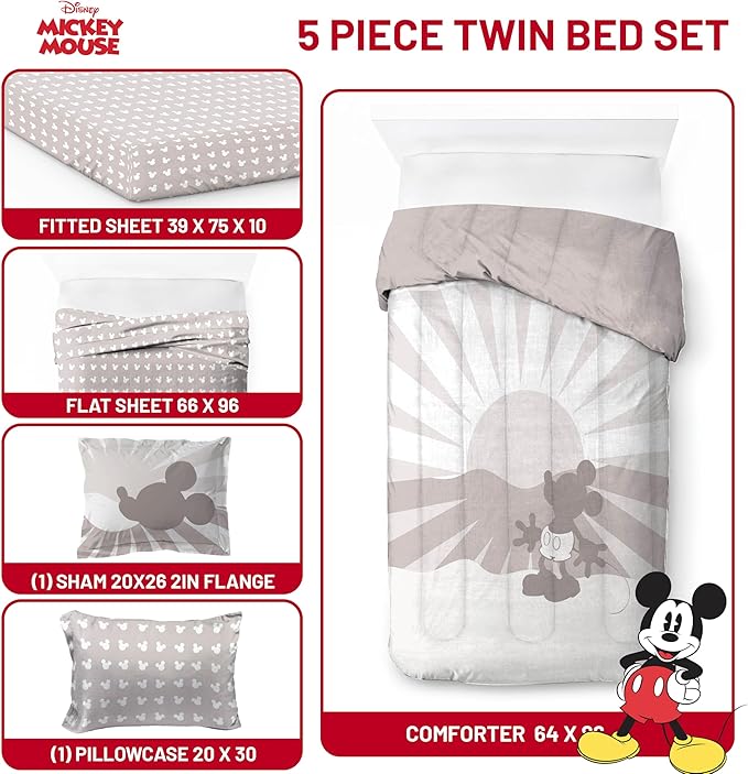 Jay Franco Disney Mickey Mouse Twin Size Comforter Set - 5 Piece Bedding Includes Sheet Set & Pillow Covers - Super Soft Cozy Bedding