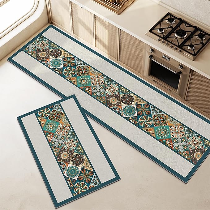 Boho Abstract Kitchen Rugs for Floor, Vintage Mid Century Floral Kitchen Mats, Non-Slip Waterproof Standing Runner Rugs(Color A,50 * 80cm)