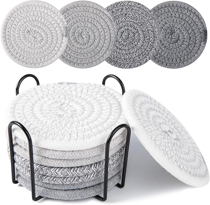 OIAHOMY 8 Pcs Coasters with Holder for Beer, Coffee, Woven Cotton Coaster Set for Table Decor for Kitchen, Bar, Dining Room, Living Room, Housewarming Gifts - Grey