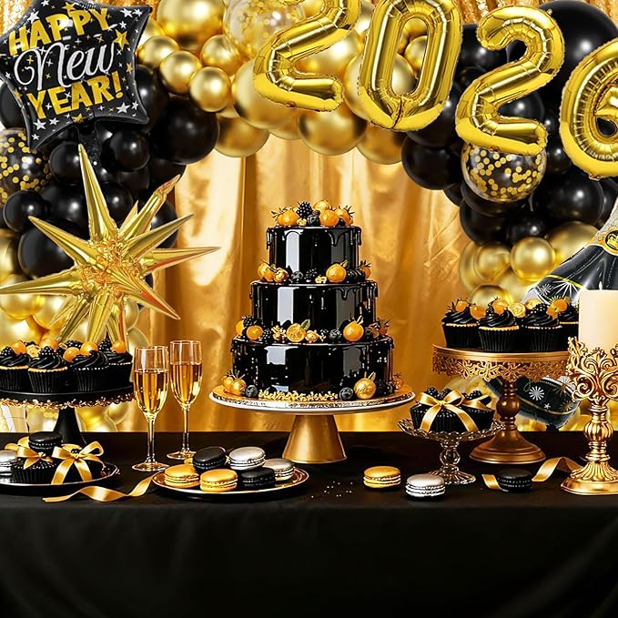 Happy New Years Decorations 2026 Eve Party Supplies with Black Gold Confetti Balloons New Year Banner Gold Fringe Curtain Backdrop for Nye Decorations